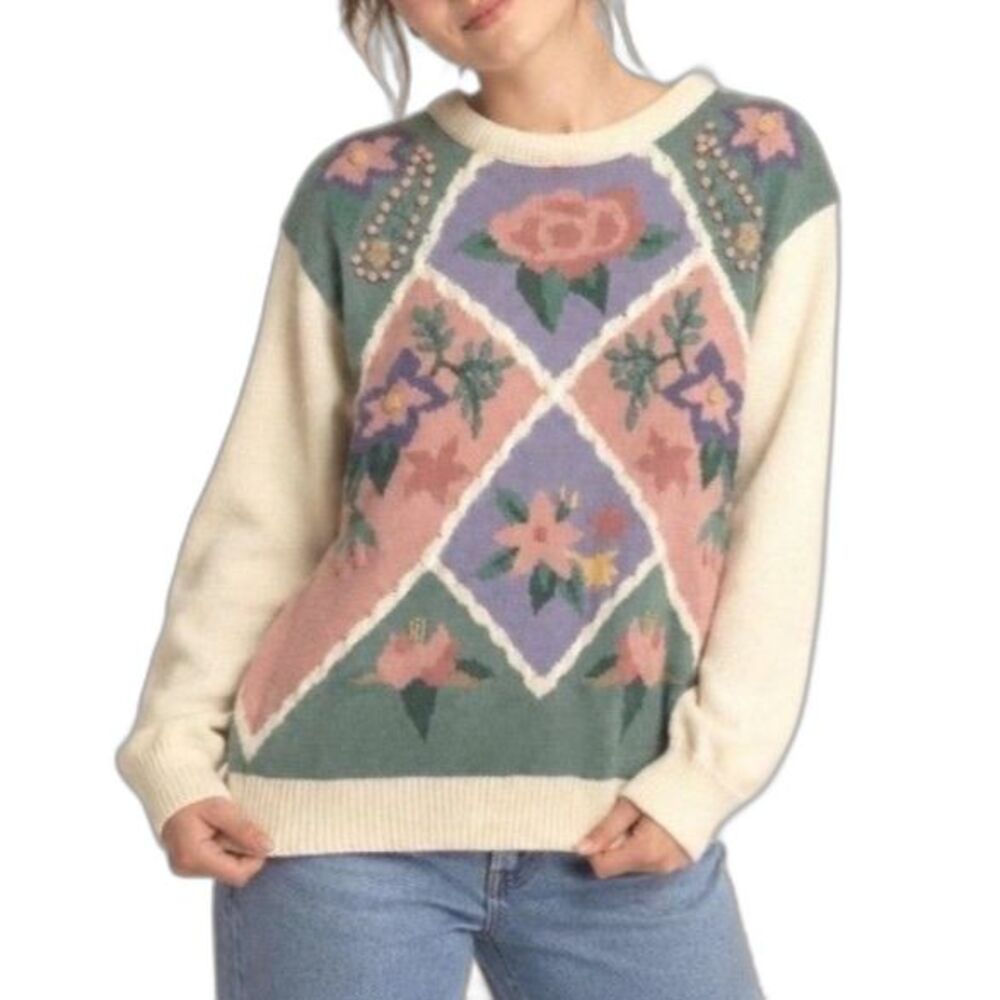 Alfred Dunner Women's Pastel Floral Patchwork Vintage LS Crewneck Sweater Size M
